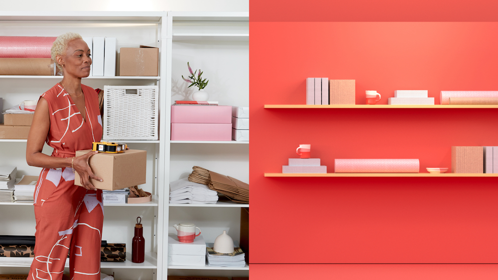 Side by side comparison of photoshoot shelving next to the 3D modelled products.