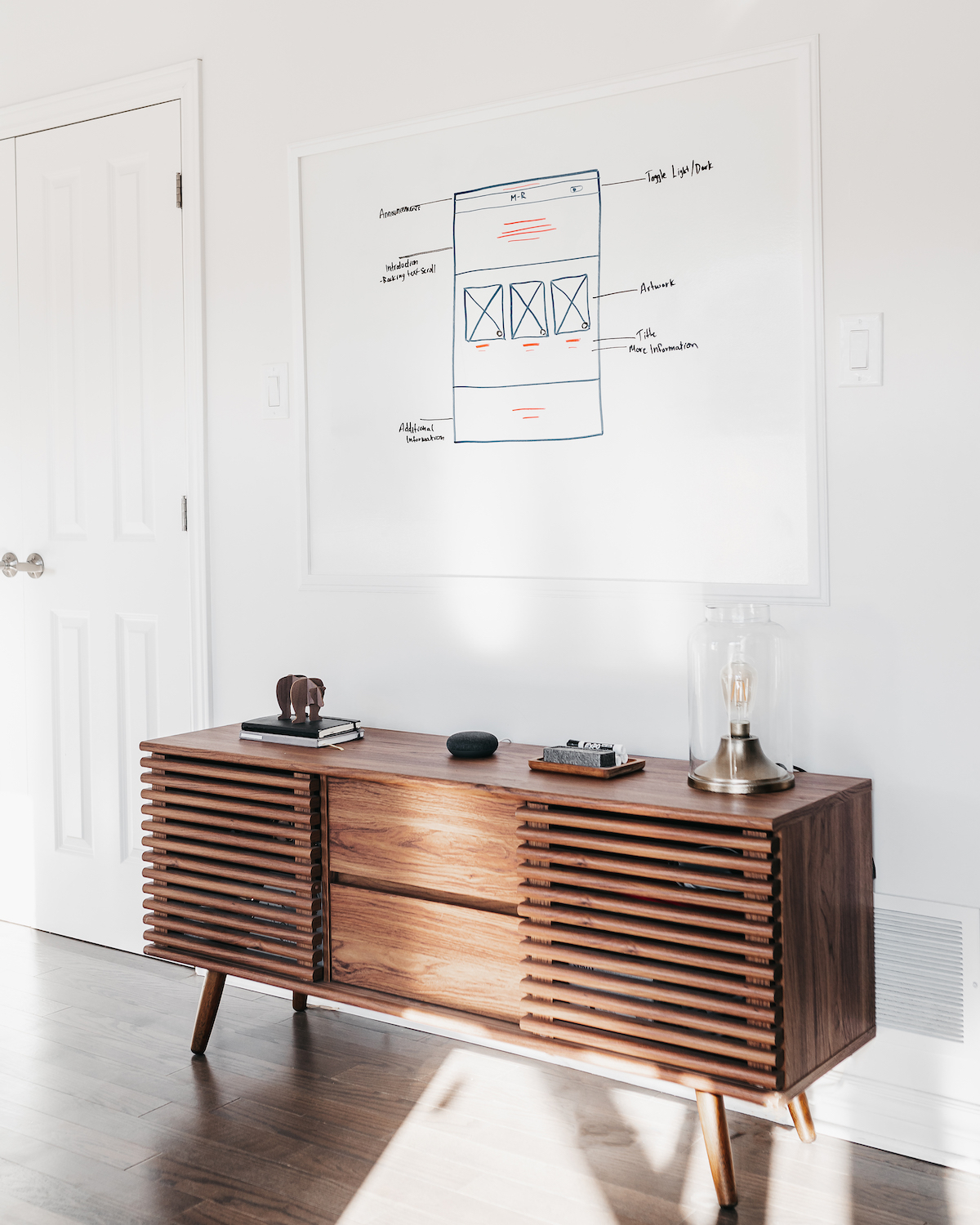 Photograph of my whiteboard with a wireframe sketch on the board